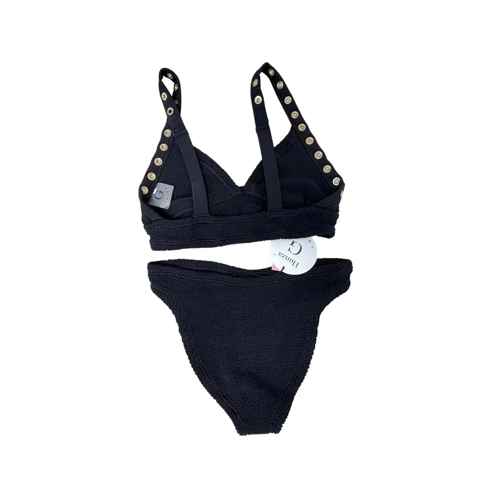 Hunza G Tessa Crinkle Bikini Set Black Gold Grommet One Size Swimsuit NWT
